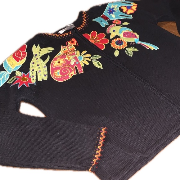 Arriviste Vintage Beaded Embroidered Cat Dog Animals Birds Sweater Small Zip Up - Picture 4 of 17